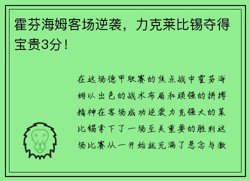 霍芬海姆客场逆袭，力克莱比锡夺得宝贵3分！